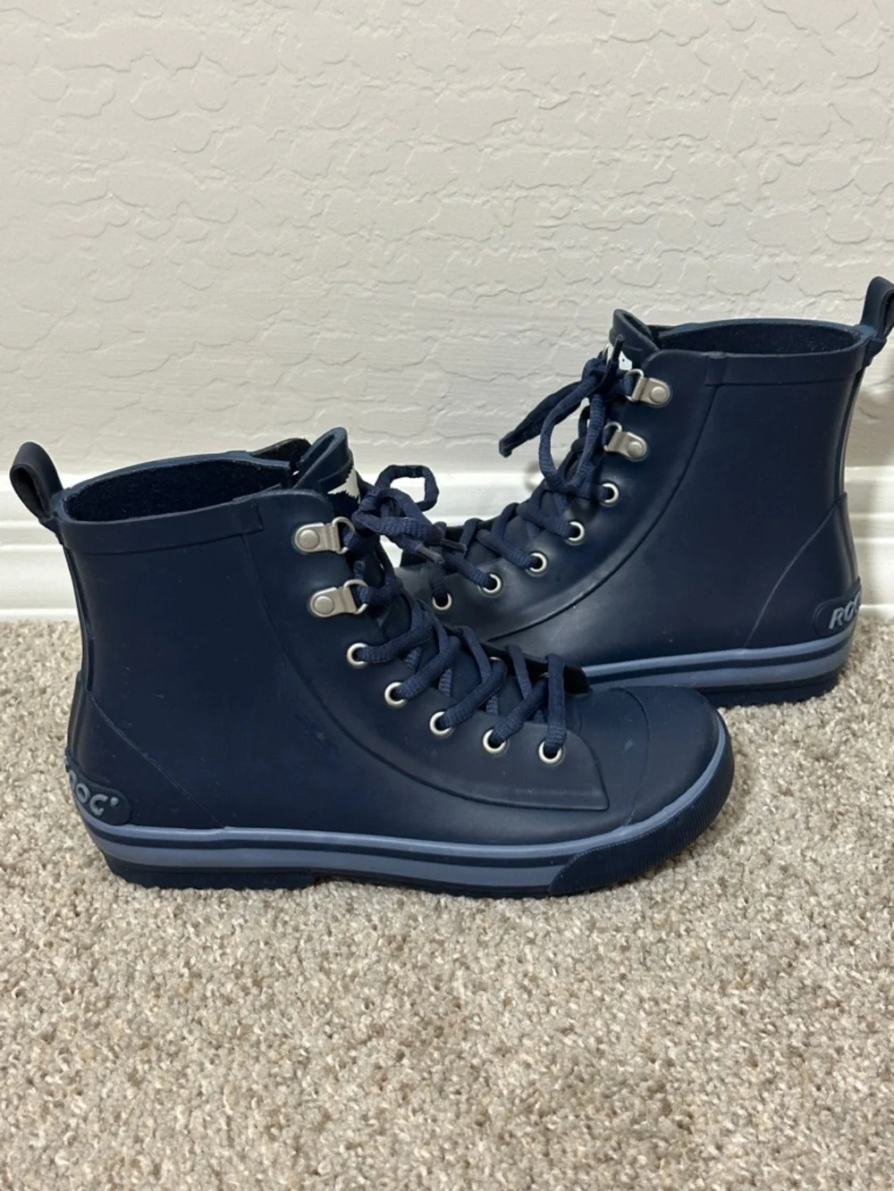 Rocket Dog Navy Rubber Rain Boots Lace Up Mid Calf Waterproof Womens Size 7